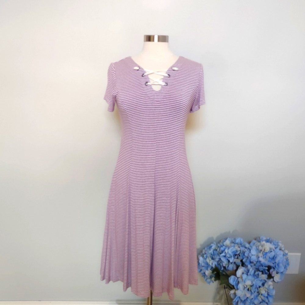 Vintage Jody California Striped Lace Up Midi Dress XL Lavender Purple